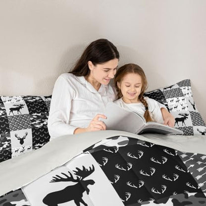 Erosebridal Deer Comforter Set for Boys, Grey Black Camo Down Comforter Boho Antlers Silhouette Bedding Set Kids Teens Camouflage Grunge Arrows Pattern Duvet Sets with 1 Pillow Case, Twin Size
