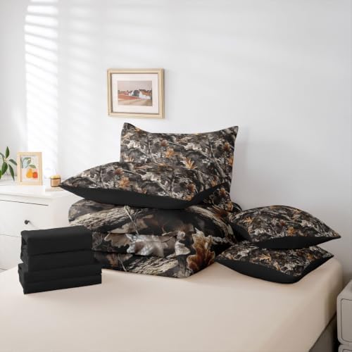 Erosebridal Camo Woodland King Comforter Set with Sheets 7 Piece Grey Camouflage Bed in A Bag Rustic Nature Plants Bedding Sets Country Style Bed Set