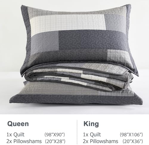 Finlonte King Quilt Bedding Set - 100% Cotton King Quilt Sets with 2 Pillowshams, Farmhouse Plaid Stripe Quilted Bedspread, Lightweight Soft Comforter for All Season, Charcoal/Brown/Beige/Gray