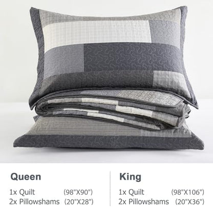 Finlonte King Quilt Bedding Set - 100% Cotton King Quilt Sets with 2 Pillowshams, Farmhouse Plaid Stripe Quilted Bedspread, Lightweight Soft Comforter for All Season, Charcoal/Brown/Beige/Gray