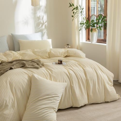 FOSSA Striped Duvet Cover Set 100% Washed Cotton Linen Feel Queen