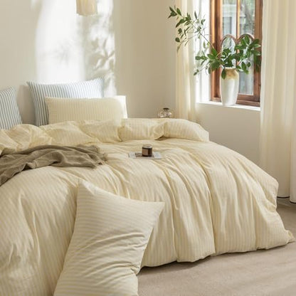 FOSSA Striped Duvet Cover Set 100% Washed Cotton Linen Feel Queen