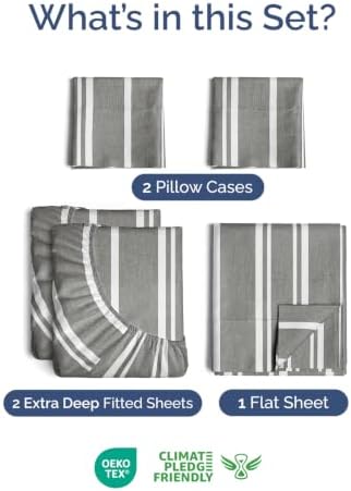 Extra Deep Split King Sheet Set - Breathable & Cooling - Grey Stripes