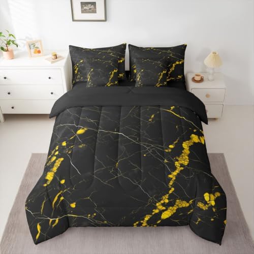Erosebridal Marble Gold Textured King Bed in A Bag 7 Piece Stone Pattern Comforter Set with Sheets Ink Painting Marbling Bedding Sets for Kids Adults,Simple Modern Bed Set