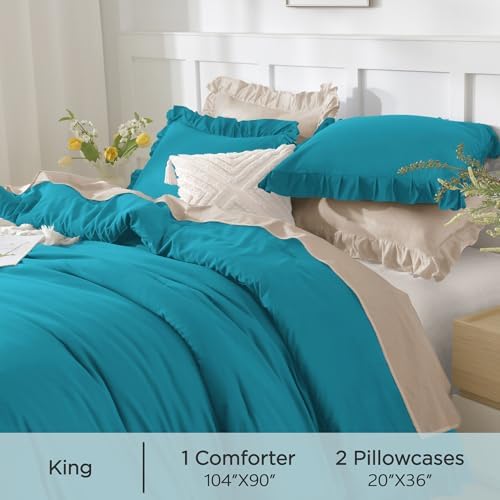 Andency Turquoise King Size Comforter Set, 3 Pieces Solid Farmhouse Bedding