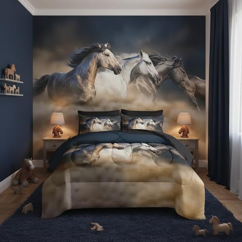 QOOMO Running Horse 7 Pieces Comforter Set Queen,Galloping Horse Bedding