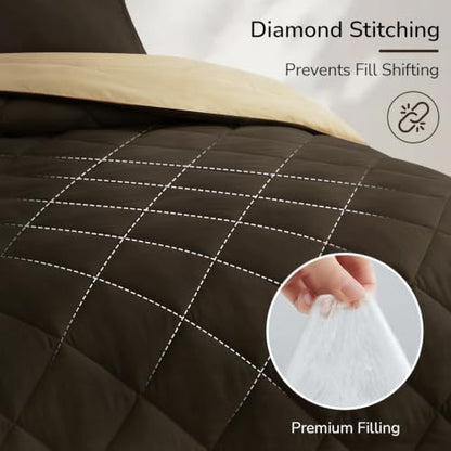 downluxe Twin Comforter Set Soft Reversible 5 Pieces, Brown/Tan