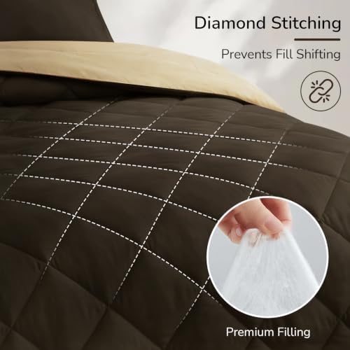 downluxe Queen Comforter Set Soft Reversible 7 Pieces, Brown/Tan
