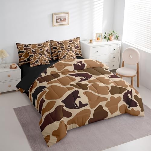 Erosebridal Pike Fish Camo Comforter Set King Hunter Camouflage Bedding Sets 7Pcs Wildlife Hunting Bed in a Bag Farmhouse Fishing Sheet Set with Comforter Vintage Brown Decor Outdoor Camping Gifts