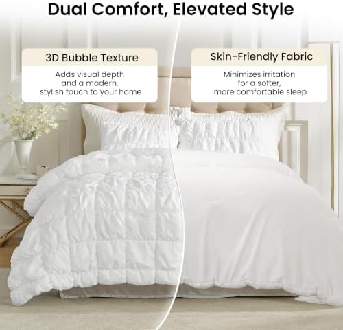Amélie Home Queen Bubble Comforter Set, Soft, White, 3-Piece