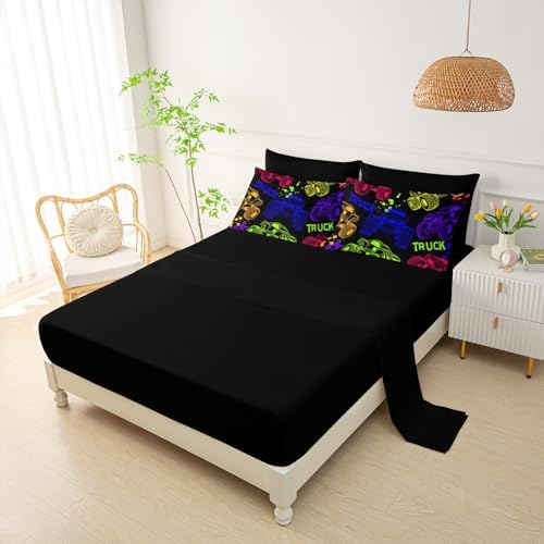 QOOMO Black Truck 7 Pieces Comforter Set Queen,Cars Bedding Set for Kids