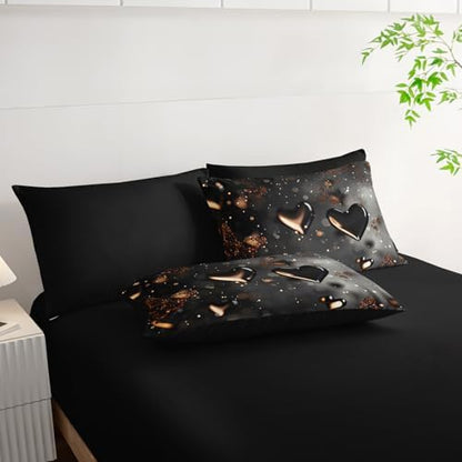 7 Piece Black Heart Comforter Set King，King Size Heart Bedding Set，Heart Themed Bedroom Decor，(1 Comforter, 1 Flat Sheet, 1 Fitted Sheet, 2 Pillowcase and 2 Pillow Sham)