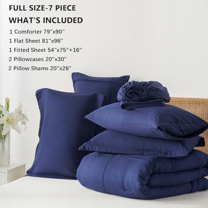 Yogeneg Full Size Comforter Set 7 Piece Bed in a Bag,Grid Pinch Pleat Navy Blue Bedding Set,Striped Textured Soft Microfiber Comforter with Sheet Set,All Season Complete Bed Set(Navy Blue,Full)