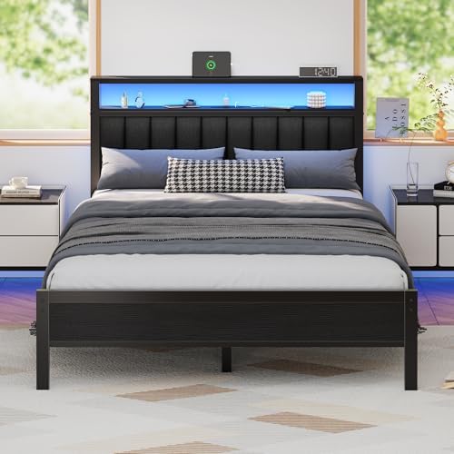 Furnulem Queen Size Bed Frame with Charging Station and LED Lights