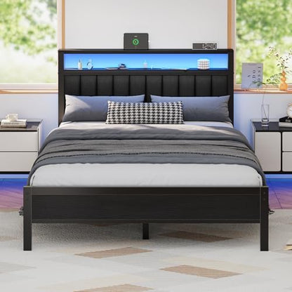 Furnulem Queen Size Bed Frame with Charging Station and LED Lights
