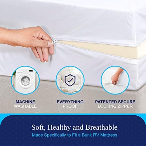 RV 6 Sided Zippered Mattress Protector with Secure Locking Zipper for 60x75 RV Short Queen. Creates a Natural Seal Around Your Mattress from Dust, Pet Dander, Pollen, Liquids & More. Oeko-Tex Cert