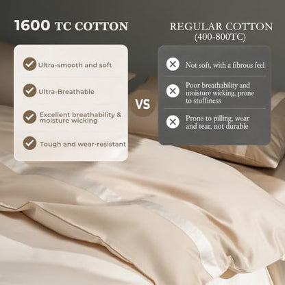 Queen Size Duvet Cover, 100% Egyptian Cotton,1600 Thread Count, Reversible Duvet Cover, Soft and Breathable Satin Bedding Set, All Seasons (Heather Milk Coffee, 90"x90")