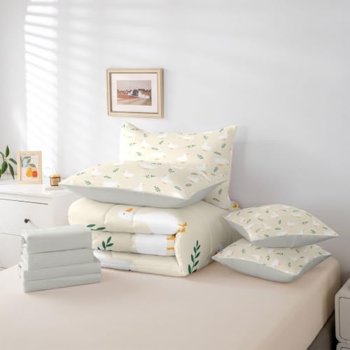 Erosebridal Cute Silly Goose Twin Bedding Set Cartoon Ducks 7 Pieces Comforter Set with Sheets for Kids Boys Girls Kawaii Floral Animals Bed in a Bag Beige Farmhouse Animal Bed Sets
