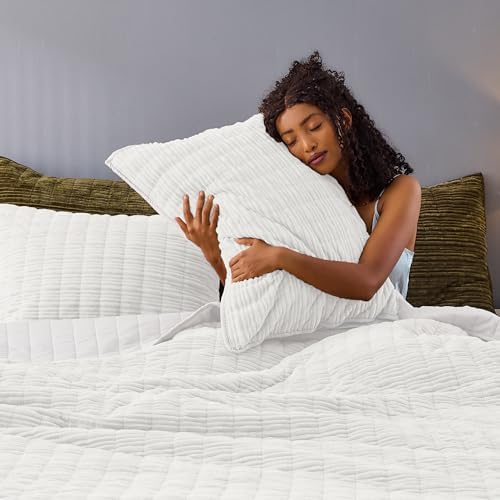Wonderful Corduroy Texture Ivory Quilt Set Queen - Hypoallergenic Skin-Friendly Soft Plush Velvety Touch Bedspread, Classic Vertical Striped Lightweight Coverlet for All Season, 106"x94"