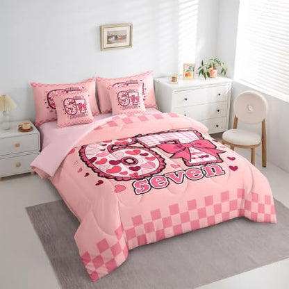 Erosebridal Six Seven Comforter Set Twin Size 7 Piece Pink 67 Number Print Bedding Set Gift for Kids Girls Birthday,Romantic Love Heart Bow Plaid Bed in A Bag with Flat and Fitted Sheet