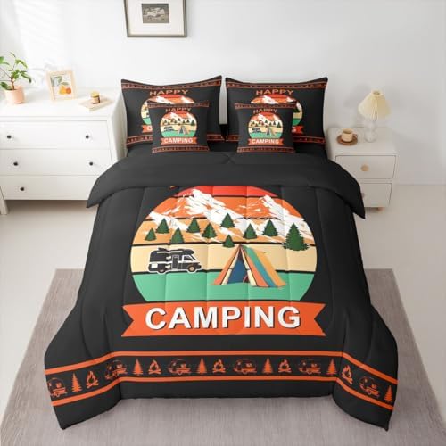 Erosebridal Camper Rv King Size Comforter Set with Sheets Happy Camping Boys 7-Piece Bedding Set Rustic Farmhouse Bed in A Bag Vintage Pine Trees Bed Sets for Kids Teens Youth Men Adult