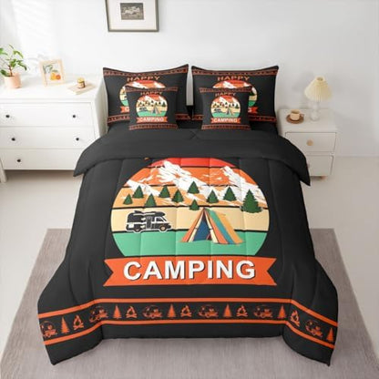 Erosebridal Camper Rv King Size Comforter Set with Sheets Happy Camping Boys 7-Piece Bedding Set Rustic Farmhouse Bed in A Bag Vintage Pine Trees Bed Sets for Kids Teens Youth Men Adult