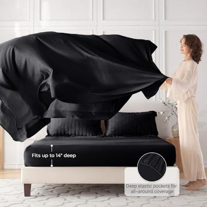 MUXHOMO 7 Pieces Oversized Queen Comforter Set, Seersucker Bed in a Bag Oversized Queen Size, All Season Luxury Bedding Set with Comforter, Flat Sheet, Fitted Sheet, Pillowcases & Shams, Black