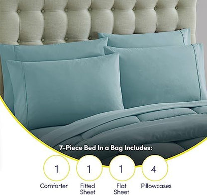 King Size Comforter Set with Sheets - 7-Piece Bedding Collection - 1 Comforter, 1 Fitted Sheet, 1 Flat, 4 Pillowcases - Deep Pocket - Soft & Premium Quality - Ideal for All Seasons, Misty Blue