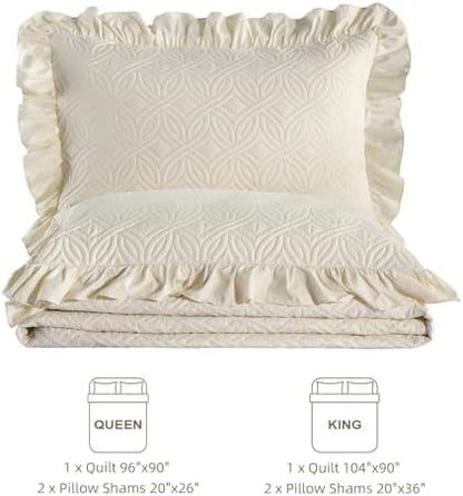 DJY Queen Size Quilt Sets, Beige Soft Bed Summer Quilt, Ruffled Bedding Set