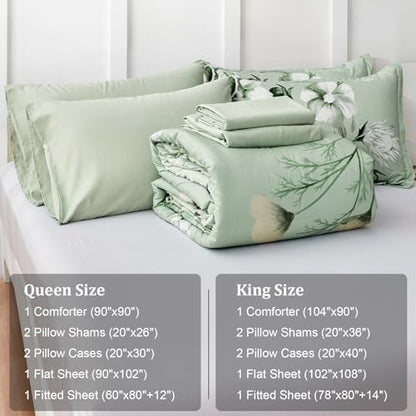 Luxudecor Floral Comforter Set Queen Size 7 Piece, Sage Green Flower Bed in a Bag, Elegant Floral Comforter with Sheet Set, Soft Seersucker Microfiber Bedding Set (Sage Green, 90"x90")