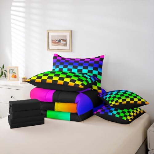 Multicolored Checkered Retro Comforter Set with Sheets 7 Piece Full Size Geometric Vintage Bed in a Bag Kids Boys Girls Colorful Bedding Set Modern Groovy Aesthetic Bedroom Decor Breathable Soft