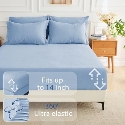 MUXHOMO 7 Pieces Oversized King Comforter Set, Soft Bed in a Bag Oversized King Size, All Season Bedding Set with Comforter, Flat Sheet, Fitted Sheet, Pillowcases & Shams, Greyish Blue