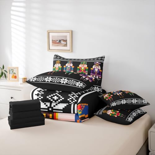 Erosebridal Nutcracker 7 Pcs Comforter Set Full Size, Retro Xmas Bedding for Kids Boys, Colorful Scandinavian Christmas Snowflakes Bed in A Bag Sheet Set, Black White Winter Duvet Insert