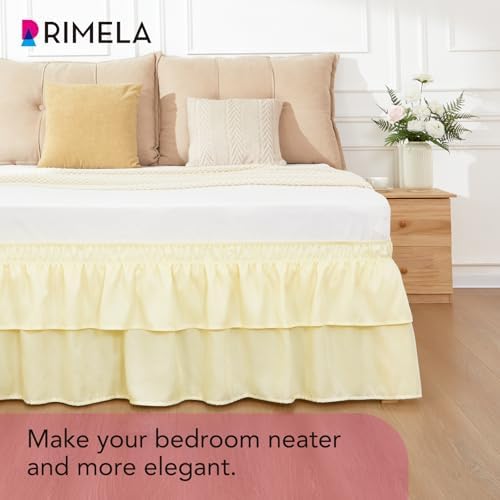 RIMELA Ruffle Bed Skirt Butter Yellow King 18 Inch Drop, Elastic Wrap Around Bed Skirts King Size, Easy to Install Dust Ruffle, Machine Washable Soft Fabric, Multi Ruffle Bedskirt