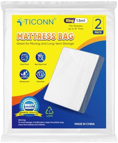 TICONN 2PK Plastic Mattress Bags for Moving, Waterproof Mattress Cover