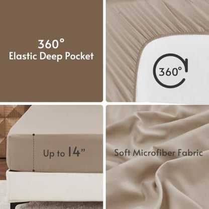 MUXHOMO 7 Pieces California King Comforter Set, Reversible Bed in a Bag Cal King Size, All Season Bedding Set with Comforter, Flat Sheet, Fitted Sheet, Pillowcases & Shams, Light Brown & Dark Linen