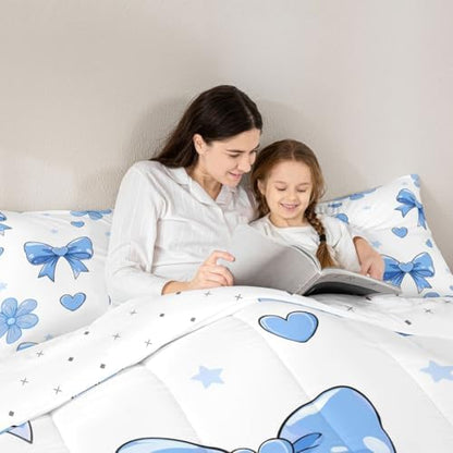 jejeloiu Bow Comforter Set Bowknot Bedding Set White Blue Kids Full Bow-tie