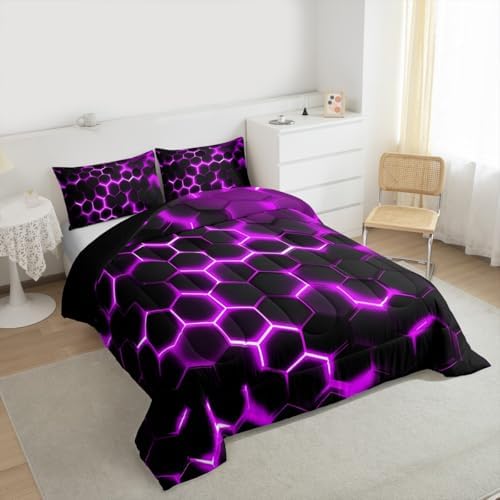 Erosebridal Purple Neon Honeycomb Bedding Set Full Geometric Hexagon Comforter Set for Teen Boys Girls Kids,3D Morden Hexagonal Quilted Duvet Soft Lightweight Down Comforter 2 Pillow Cases