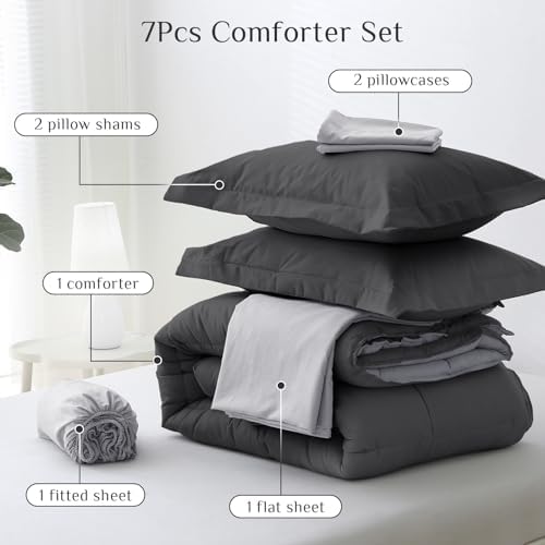 JOLLYVOGUE Oversized King Comforter Set, Ultra-Soft Bed in a Bag 7 Pieces, Oeko-TEX Certified Bedding Set with Down Alternative Comforter, Sheets, Pillowcases & Shams, Dark & Light Grey