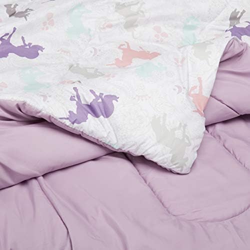 Amazon Basics 2-Piece Soft Easy-Wash Microfiber Kid's Comforter and Pillow Sham Set, Twin, Purple Unicorns, Animal Printed