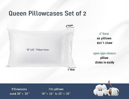 Pillow Cases 100% Cotton Percale Standard Queen Size Set of 4, White