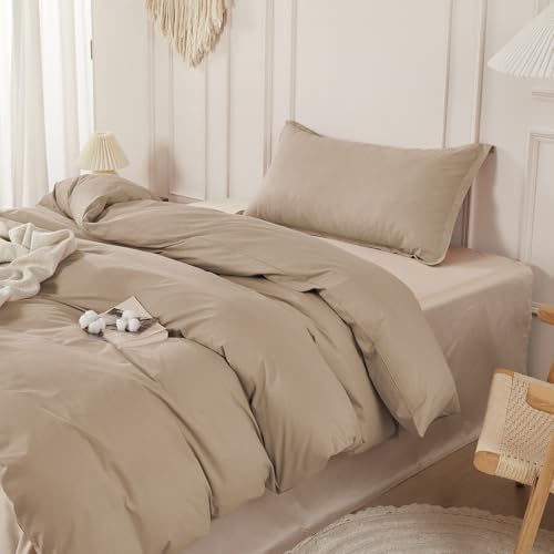 SAPHREAS 100% Washed Cotton Duvet Cover Twin Size Set, Linen Like Comforter Cover with Zipper Closure & Corner Ties (No Comforter), 68x90 Khaki