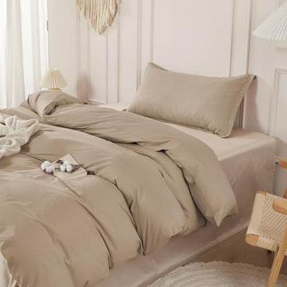 SAPHREAS 100% Washed Cotton Duvet Cover Twin Size Set, Linen Like Comforter Cover with Zipper Closure & Corner Ties (No Comforter), 68x90 Khaki