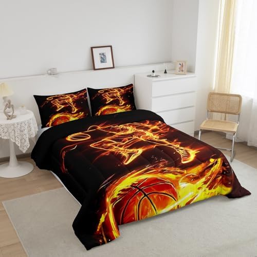 Castle Fairy Basketball Fire Bedding Set Basketball Player Comforter Set for Kids Boys Burning Flame Comforter Sports Gaming Quilt Set 1 Comforter Set with 1 Pillowcase Toddler Size