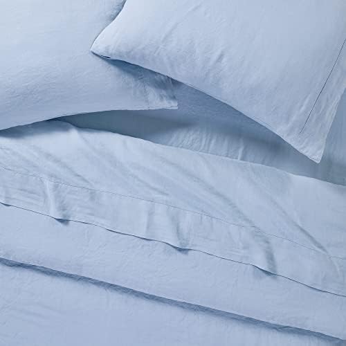 Sijo Stone Washed Organic French Linen Bed Sheet Set, GOTS Certified Organic, Best Cooling Linen Sheet Award by Sleep Foundation, 1 Flat Sheet Only (Sky, King/Cal King)