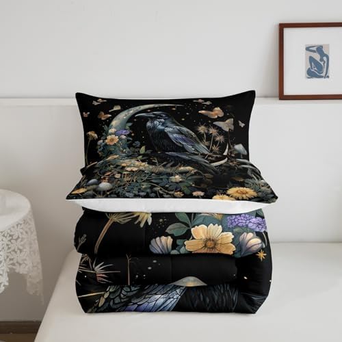 Black Crow Comforter Set Full Size,Moon Daisy Flower and Butterfly Bedding Set,Kids Girls Boys Teens Room Decor,Halloween Theme Animals Plants Quilt Set Boho Trippy Duvet Insert,2 Pillowcases