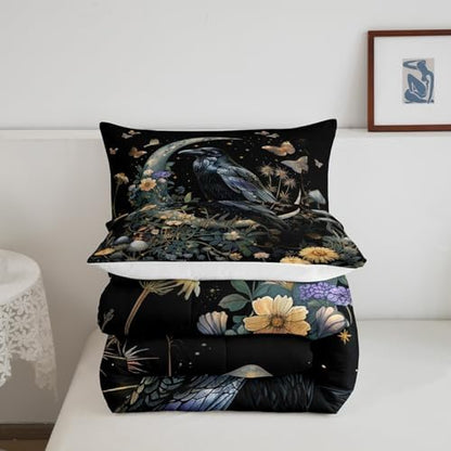 Black Crow Comforter Set Full Size,Moon Daisy Flower and Butterfly Bedding Set,Kids Girls Boys Teens Room Decor,Halloween Theme Animals Plants Quilt Set Boho Trippy Duvet Insert,2 Pillowcases