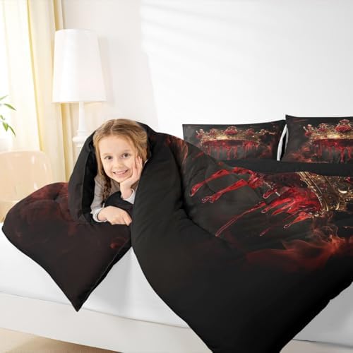 Golden Crown Kids Comforter Set Twin Size,Rose Flowers Smoke Gothic Romantic Bedding Set,Girls Boys Room Decor,Blood Western Halloween Quilt Comforter,Red Black Retro Duvet Insert,1 Pillowcase