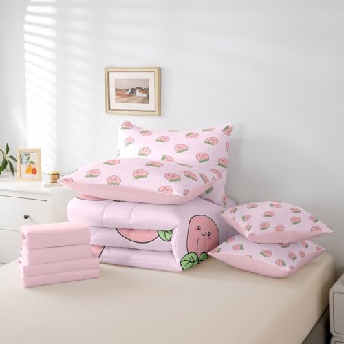 Erosebridal Cartoon King Comforter Set Pink Peach 7 Pieces Bedding Kids Kawaii Bed Set with Sheets Girl Lovely Cute Fruits Bed in A Bag Bedroom Decor