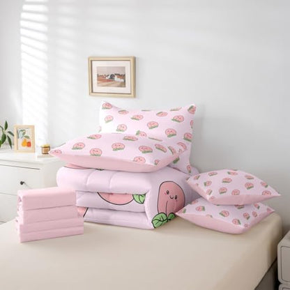 Erosebridal Cartoon King Comforter Set Pink Peach 7 Pieces Bedding Kids Kawaii Bed Set with Sheets Girl Lovely Cute Fruits Bed in A Bag Bedroom Decor